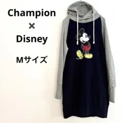 チャンピオン×ミッキーマウス【希少コラボ】ロングパーカー フーディ Ｍ 紺グレー