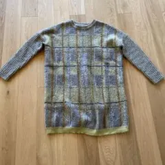 KBFチェック柄ニットセーターワンピース 長袖 グレー/イエロー