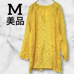 美品✨ブラウス　【M】　イエロー　レース　チュニック　七分袖　花柄　体型カバー