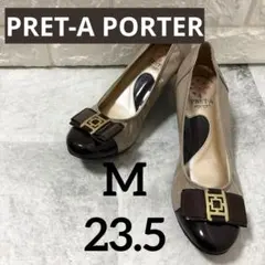PRET-A PORTER エナメルパンプス Mベージュ×ブラウンリボン23.5のサムネイル