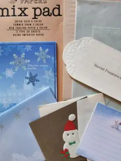 冬のお便りいろいろR19　雪だるま　花束　雪　便箋　封筒