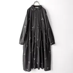 美品　スーパーハッカ モノトーンチェックプティフルールジャカードシャツワンピース