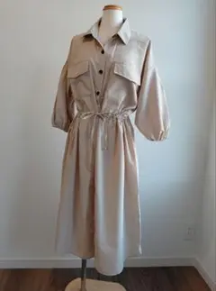 七分袖シャツワンピース ロングシャツ ベージュ　Mサイズ