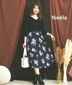 Noela ノエラ 花柄プリーツスカート ネイビー S ロング フレア 上品 春