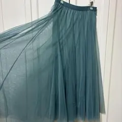 ブルーグリーン 青緑 ボリューム チュール フレアスカート ロング ウエストゴム