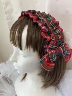 ハンドメイド　赤タータンチェックふりふりヘッドドレス