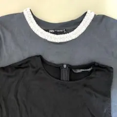 ZARA ビジューネック Tシャツ グレー&変形チュニックブラック２点まとめ売り