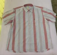クロコダイル 半袖シャツLLピンク色、ロゴ入りUSED美品、赤と白のストライプ