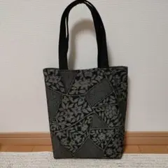 着物リメイク　濃紺　紬 縦長トートバッグ