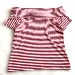 美品　HERE'S オフショルダー ボーダー 赤白 半袖 Tシャツ Lサイズのサムネイル