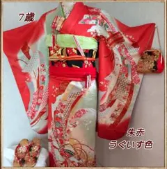 七五三 7歳着物 フルセット 金駒 金彩★朱赤鶯色 熨斗に草花文様 ハーフ成人式 七五三 7歳着物 フルセット 金駒 金彩☆朱赤鶯色 熨斗に草花文様