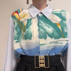 グレー 青緑系 花柄 アート柄 ヴィンテージ オーバーサイズ 古着 柄シャツのサムネイル