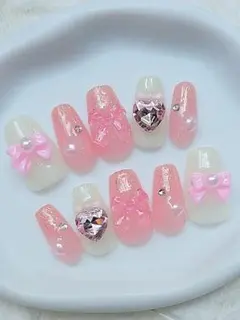 ネイルチップ フレンチガーリー ちゅるん スナ系 姫系 地雷系 ピンクリボン