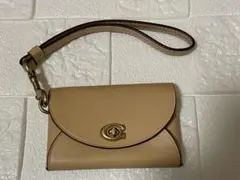 COACH コーチ　カードケース　小銭入れ　ベージュ　レザー　ストラップ