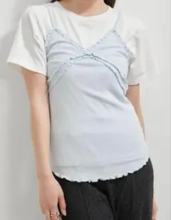VIS ビス 洗える パターンメッシュフリルキャミソール サックスブルー F美品のサムネイル