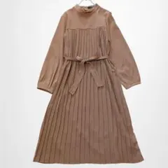 ハドソンハニー 異素材切り替えワンピース スエード調 プリーツ ベルト付 洗える