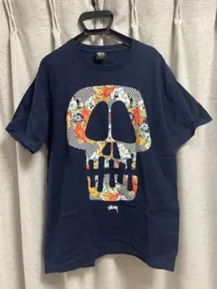 old stussy Tシャツ センターロゴ スカル ドクロ 骸骨　花　フラワー