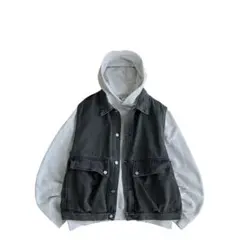 【美品】USED 00s デニムベスト ボックスシルエット 立体ポケット BK