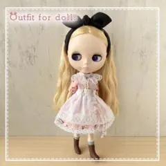 アリス柄ワンピース、エプロン、リボン、ブライスアウトフィット、ハンドメイドール服