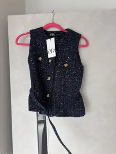 ZARA テクスチャーベスト ジレ ツイード ベルト 金ボタン M - メルカリ