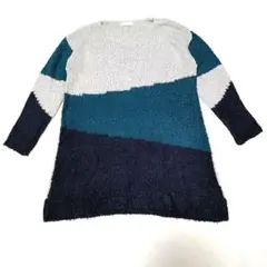 Vintage 薄手 ストライプニットセーター 長袖 グレーターコイズネイビー