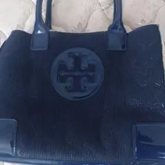 【レア物】トリーバーチ 内張ムートン 革 トートバッグ レザー デカロゴ ブルー