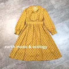 美品☆ ボウタイレトロ柄ワンピース 長袖 フリーサイズ マスタード