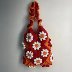 かぎ針編みモチーフバッグ　フリフリバッグ　手提げ　グラニースクエア デージー花