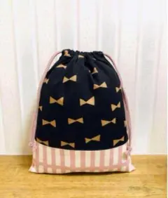 【24A】ハンドメイド 給食袋 巾着 ブラック×くすみピンク リボン 女の子 2