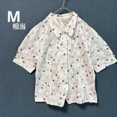 美品 ヴィンテージブラウス M相当 古着 花柄 レトロボタン 半袖 ホワイト