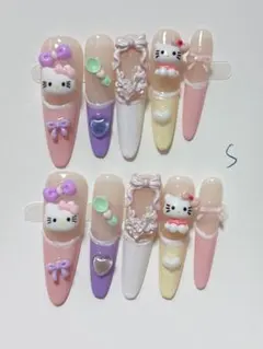 【セール】現品推しネイルチップ付け爪量産型姫ギャルチークサイズSキティちゃん