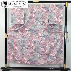 小紋 四季の花模様 縮緬 薄藤色 しつけ糸 K-5195