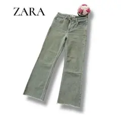 ZARA ザラ　レディース　フリンジ　セミフレア　デニムパンツ　グリーン系　S