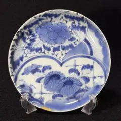 【古伊万里】江戸後期〜明治 染付 割絵牡丹菊花文 6寸輪花皿 金継ぎ補修 貫入