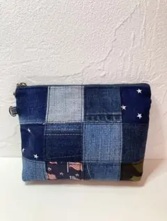 【古着リメイク】デニム　ポーチ　パッチワーク　アメリカン