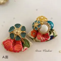 アシメ花ボタン　モスグリーン　インドリボン　オレンジフラワー　ピアス　イヤリング