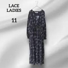 レースレディース　長袖ロングワンピース　Vネック　花柄　ブラック　11
