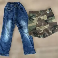 デニムストレートパンツ＆迷彩ハーフパンツセット