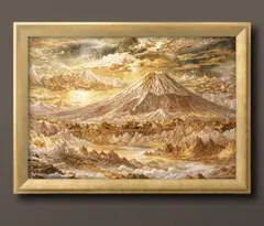 荘厳な黄金富士山　幸福と吉祥呼ぶ　額縁付き　開運グラフィックアート