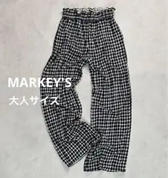 markey's 大人サイズ ギンガムプリーツフレアパンツ ブラック 黒