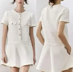 ZARA ホワイト 半袖ツイードワンピース