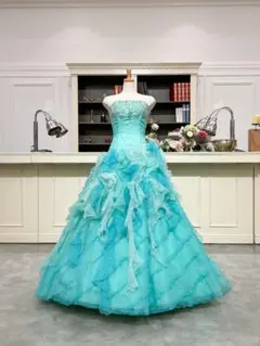 【美品】7〜11号アクアブルー フリルドレス結婚式お色直し二次会舞台礼服
