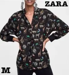 【即日発送】ＺＡＲＡ　ＢＡＳＩＣ　ジャングルアニマルプリントシャツ　ブラック　Ｍ