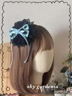 ♡黒ダブルレース ローズ 水色リボン 円形ヘッドドレス ロリータ量産型ゴスロリ♡