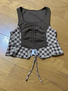 ブラウン チェック柄 フリル ビスチェ