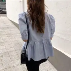 韓国 バルーン袖 五分袖 半袖 パフスリーブ ブラウス 水色〇Lサイズ〇 M