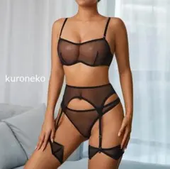 F05Bc♬セクシーランジェリー♬ガーターベルト♬ブラック♬4点セット
