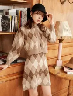 ダーリッチ♡アーガイルチェックニットアンサンブル ワンピース カーディガン