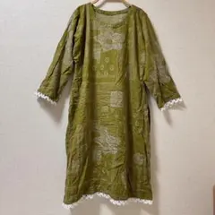 ⭐️早い者勝ち⭐️オリーブグリーン 花柄 トップス 長袖 エスニック クルタ