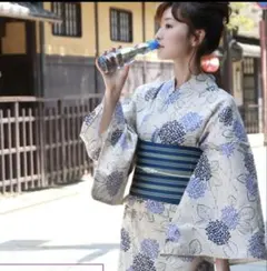 画像の帯つき◆最高級【綿麻浴衣】紫陽花（あじさい）のゆかた◆ 高級◇上質綿麻浴衣3点セット 浴衣 帯 下駄 紫陽花 あじさい 青系